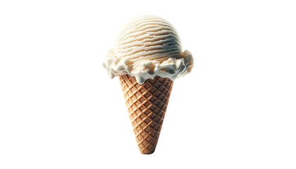 ice cream on a waffle cone, isolated on white background.