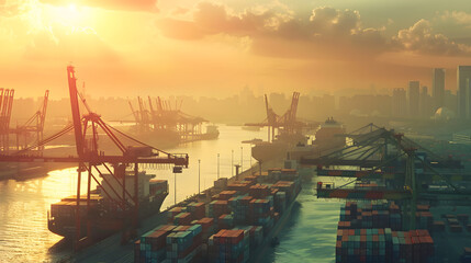 Busy transport with cranes loading and unloading containers from multiple ships docked at the harbor.