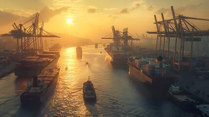 Busy transport with cranes loading and unloading containers from multiple ships docked at the harbor.