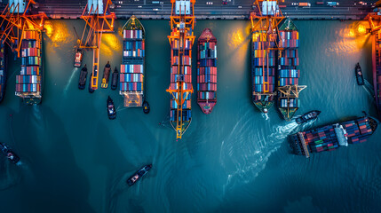 Busy transport with cranes loading and unloading containers from multiple ships docked at the harbor.