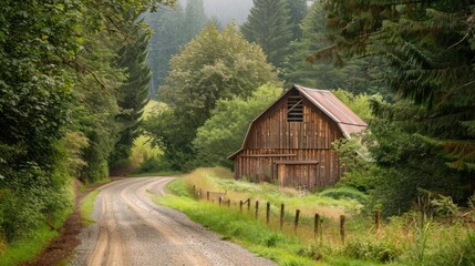 Fototapeta premium wooden barn nestled amidst a grove of trees, with a dirt road 
