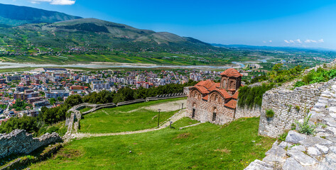 A panorama view past Saint Theodores Church in the castle above the city of Berat, Albania in...