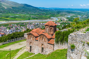 A view down over Saint Theodores Church in the castle above the city of Berat, Albania in summertime