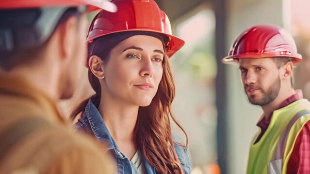 An attractive European female inspection engineer conversing with a group of construction workers, her hard hat bridging the gap between expertise and collaboration.