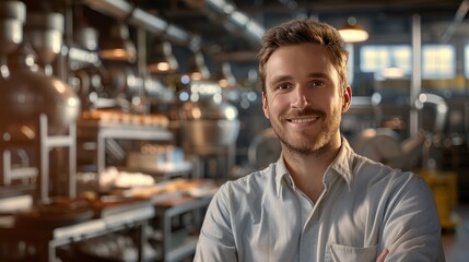 Fototapeta premium a proud male food factory manager smiling confidently, 