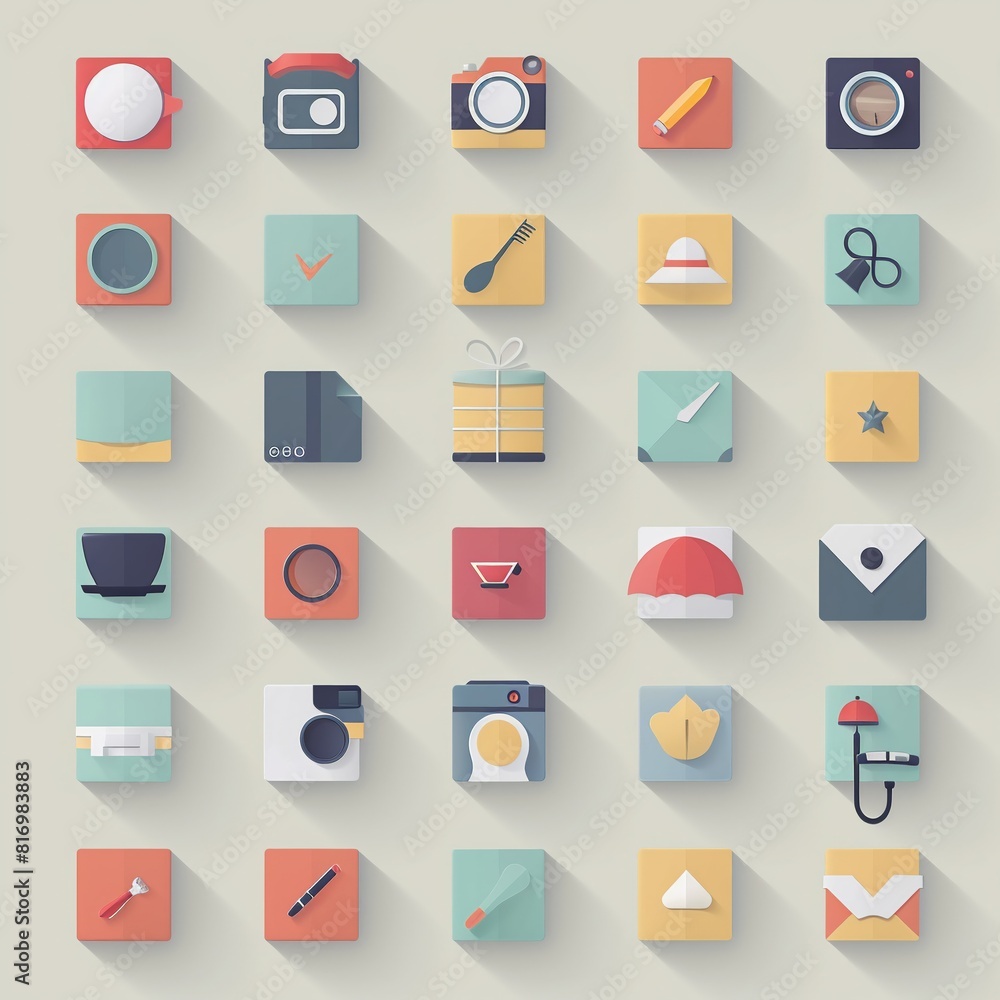 Poster flat design icons in a simple geometric layout featuring everyday objects and tools on a light backg