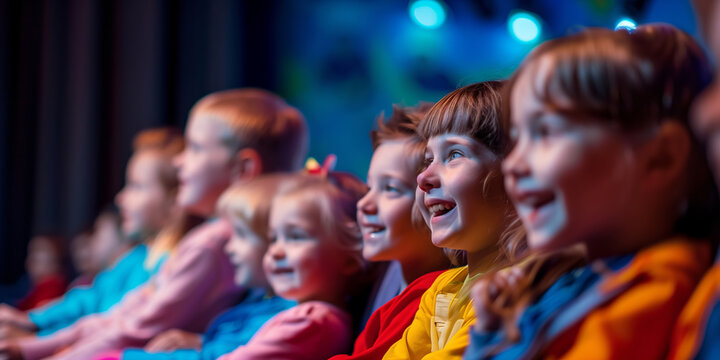 Group of cheerful children sitting in the theater watching the muppet show performance.