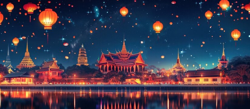 Vibrant Cartoon of Wat Phra Kaew Lantern Festival Under Starry Night Sky