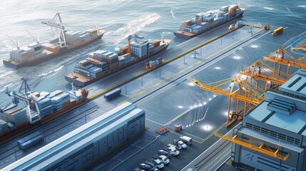 Depict a futuristic port powered by renewable energy sources, with electric cranes, hydrogen fueling stations, and emission-free vehicles, demonstrating a commitment to sustainability