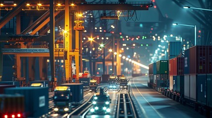 Cargo ship being unloaded at a busy port, with shipping containers being lifted by cranes onto waiting trucks and trains