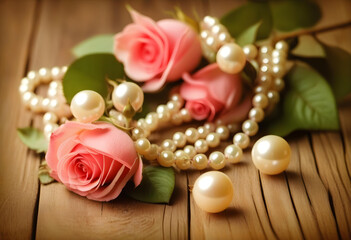 A close-up of a vintage pearl necklace and dried pink roses on a wooden background