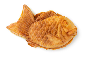 Single fresh homemade baked sweet Japanese taiyaki isolated on white background close up  