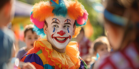 Cheerful funny clown animating kids at outdoor birthday party.