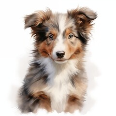 Rough collie. Puppy dog. Long-haired collie clipart. Watercolor illustration. Generative AI. Detailed illustration.
