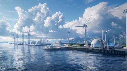 Depict a futuristic port powered by renewable energy sources, with electric cranes, hydrogen fueling stations, and emission-free vehicles