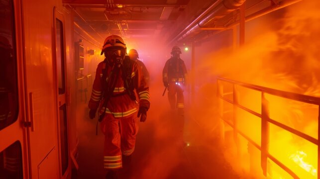 Depict a simulated emergency response exercise onboard a ship, with crew members practicing evacuation procedures and firefighting techniques under realistic conditions 