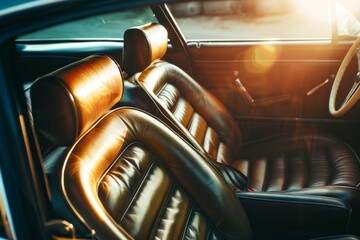 interior of a vintage sport car with brown leather seats - Powered by Adobe