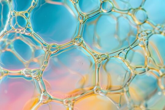 Macro photography of multicolored soap bubbles reflecting a spectrum of colors, illustrating surface tension in science