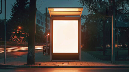 Illuminated urban bus stop billboard mockup at night, standing alone on the side of a city street framed by light streaks from passing vehicles and dim streetlights.