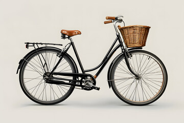 A vibrant photo of a classic black bicycle with a basket on a solid light gray background