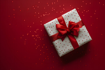 Obraz premium A detailed shot of a beautifully wrapped gift box with a ribbon on a solid red background 
