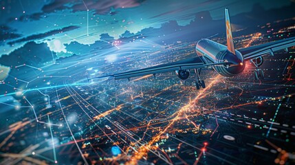 Design a scene of next-generation air traffic management systems optimizing flight paths, with a digital airspace map and real-time data overlay 