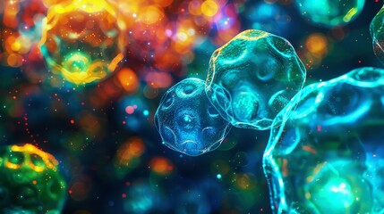 Abstract image of glowing stem cells in vibrant colors, selective focus, concept of life's building blocks, vibrant, Overlay, dark microscope view backdrop