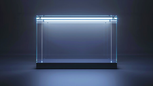 Minimalistic illuminated glass display case set against a dark background, ideal for showcasing products or futuristic themes. The lighting accents the clarity and modern design.