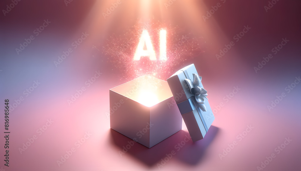 Poster concept of an open gift box with an ai-inspired glow in soft pastel colors. this captures the essenc