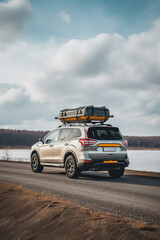 Obraz premium Highlighting the excitement of family vacations, suitcases elegantly placed on the roof.