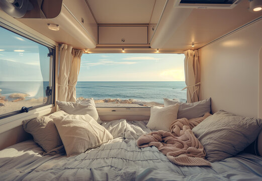 cozy beautiful camper van evening view. Generative AI - Powered by Adobe