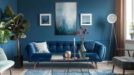 Elegant living room with deep blue walls, modern furniture, and natural light in a sleek, contemporary interior. Ideal for home decor and lifestyle themes.