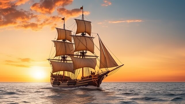 Small sailing ship in the open sea at sunset. The Golden Horizon, a magnificent vessel from the 17th century, adorned with golden accents and a grandeur that captures the imagination.