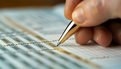 A hand holding a pen, carefully recording numbers in a       ledger, demonstrating attention to detail and financial management