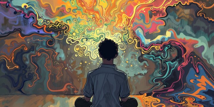 Cartoon young man lose yourself and finding myself concept