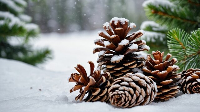 A pile of pinecones dusted with snow with evergreen trees in the background, perfect for holiday themes