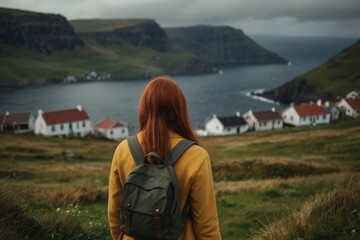 Red haired tourist girl with yellow backpack, back view, background amazing stunning landscape, travel concept, hiking, hiking.