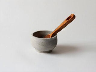 Minimalist Ceramic Bowl with Wooden Spoon on White Background | Clean, Modern & Rustic Aesthetic | Neutral Tones, Elegant Design | Perfect for Home Decor, Kitchenware, and Lifestyle