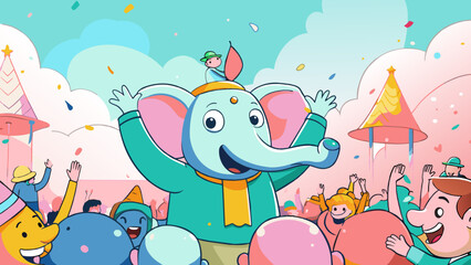 Fototapeta premium Joyful Cartoon Parade with Dancing Elephant and Happy Characters