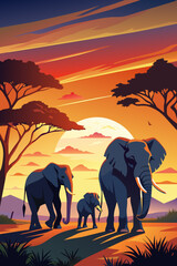 Majestic Elephants Walking at Sunset in African Savanna