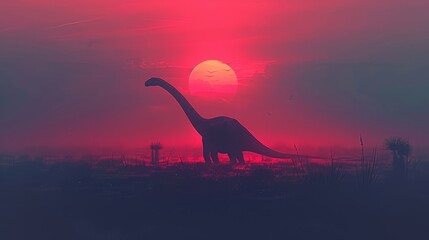 Brachiosaurus silhouette under a vibrant, pink-hued sunset. Long-necked dinosaur in a serene, prehistoric landscape. Birds flying in background. Tranquil, atmospheric scene...