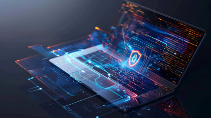 Antivirus software with a shield and secure data symbols on a laptop