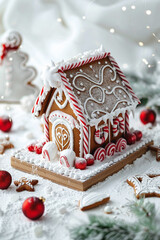 Holiday display of a gingerbread house with Christmas decorations on a white background with ornaments and cookies, Generative AI