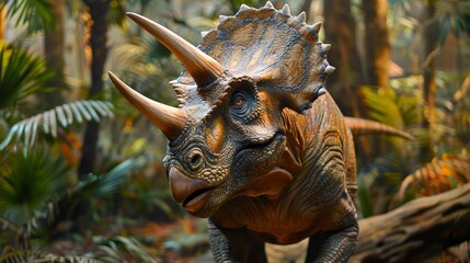 Triceratops in lush jungle, showcasing brown and green textured scales, three prominent horns, and a frilled crest. Dinosaur stands alert with expression, blending into the dense prehistoric foliage.