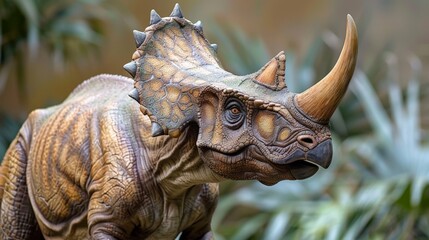 young Triceratops with light brown and beige scales, small horns, and frilled crest. Dinosaur's curious expression and intricate skin texture highlighted, set against a blurred natural background.