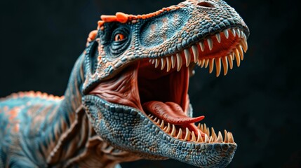Close-up of Spinosaurus roaring. Wide open jaws with sharp teeth, textured scales. Captures lifelike realism and fierce intensity of prehistoric predator. Dramatic, powerful scene.
