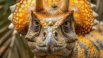 Front view of Triceratops with vibrant yellow and orange frill, detailed scales, and sharp horns. Dinosaur stares ahead with piercing brown eyes,  strength and presence in lush prehistoric environment