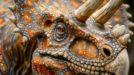 Close-up of Triceratops with detailed orange and gray scales, highlighting intricate textures and patterns on face and horns. Dinosaur looks forward with intense red eyes, showcasing majestic