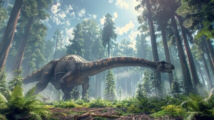 Diplodocus in lush forest among towering trees with sunlight filtering through. Long-necked dinosaur with detailed texture and shading. Misty atmosphere enhancing prehistoric setting.