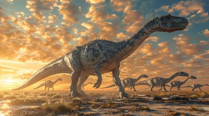 Diplodocus herd walking during sunset with vibrant sky and clouds. Long-necked dinosaurs casting shadows on ground. Prehistoric landscape with warm, golden hues creating serene ambiance.
